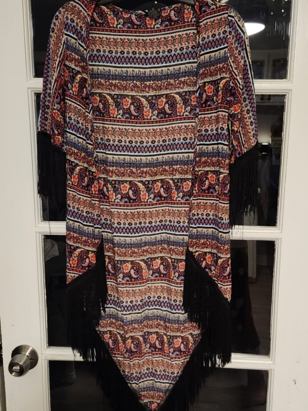 Love Tease Women's Kimono Top Multicolor Black Fringe Trim Sleeves & Hem Sz XS